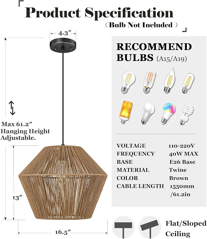 ELYONA 17” Woven Pendant Light, Modern Boho Chandelier Handwoven Rattan Basket Shade, Japandi Pendant Light Fixtures Farmhouse Ceiling Hanging Lamp for Dining Room, Kitchen Bedroom, Entryway, Foyer