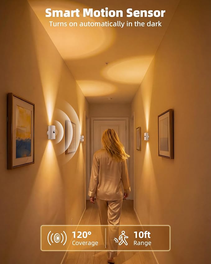 EZVALO Battery Operated Wall Sconce with Motion Sensor, 4000mAh Rechargeable Wall Light, 3 Color Temperatures & 12 RGB, Up & Down LED Lighting for Hallway, Stairs (White, 1 Pack)