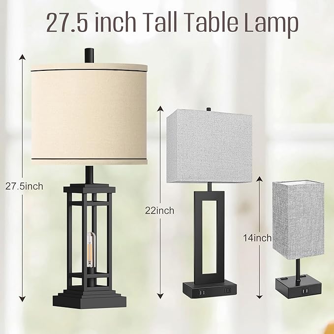 ROTTOGOON 27.5 Tall Farmhouse Table Lamps with USB C + USB A Charge Ports, Rustic Living Room Lamps Set of 2, Black Industrial End Table Lamp for Bedroom Living Room Nightstand (Black)