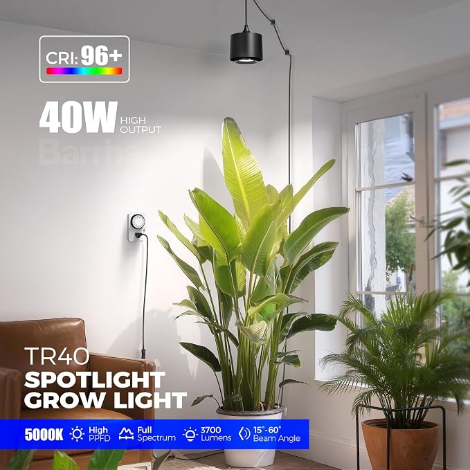 Barrina TR40 Hanging Plant Lights for Indoor Plant, 40W 5000K Full Spectrum | Adjustable Beam Angle (15°-60°), High PPFD, Spotlight Grow Light with Timer for Indoor Growing, Large Tall Plant, Black