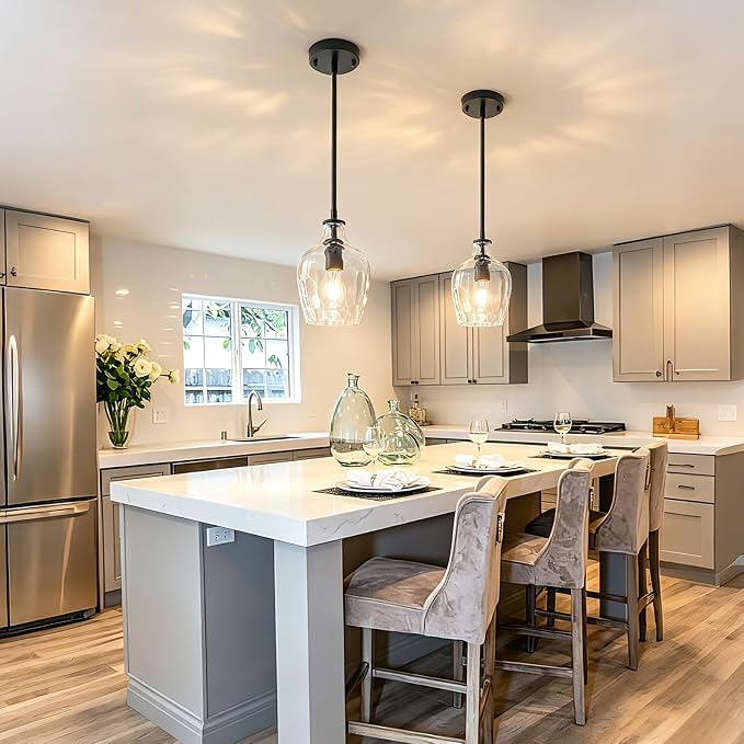 Black Pendant Lights Kitchen Island 2 Pack, Modern Hammered Glass Kitchen Pendant Lighting Over Island, Adjustable Hanging Island Lights for Kitchen, Sink, Entryway