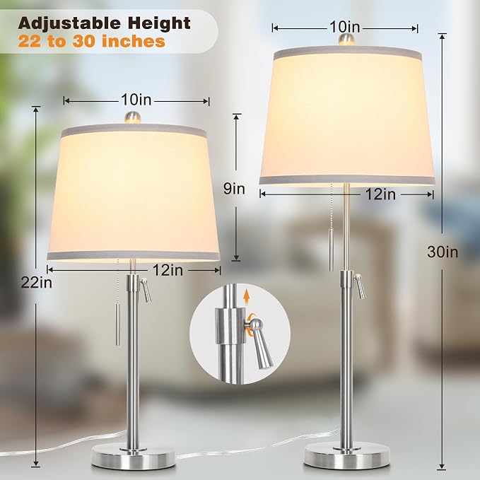 Brushed Nickel Modern Table Lamps Set of 2 Adjustable Height 22" to 30" Silver Nightstand with White Linen Shade 3 Brightness Way Pull Chain Switch Bedside Lamps for Living Room Office(Bulbs Included)