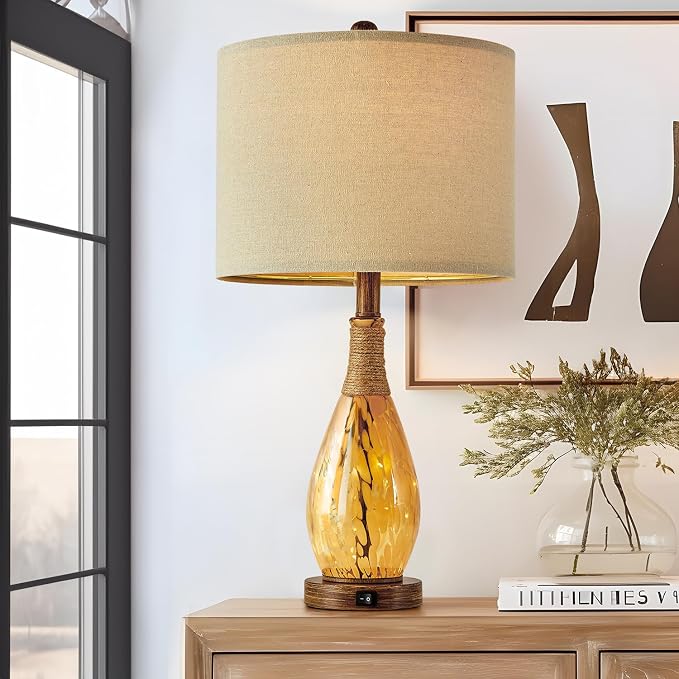 23" USB A+C Table Lamp for Bedroom Living Room Modern Bedside Lamps Retro Farmhouse Rattan Glass Nightstand Nightlight Lamps (Amber),Two Light Points