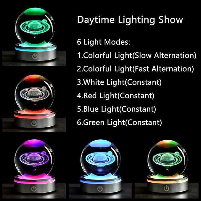 3D Laser Engraved Saturn Crystal Ball with LED Stand, 80mm Glass Sphere Lamp Night Light, Space Galaxy Planet Decor Gifts