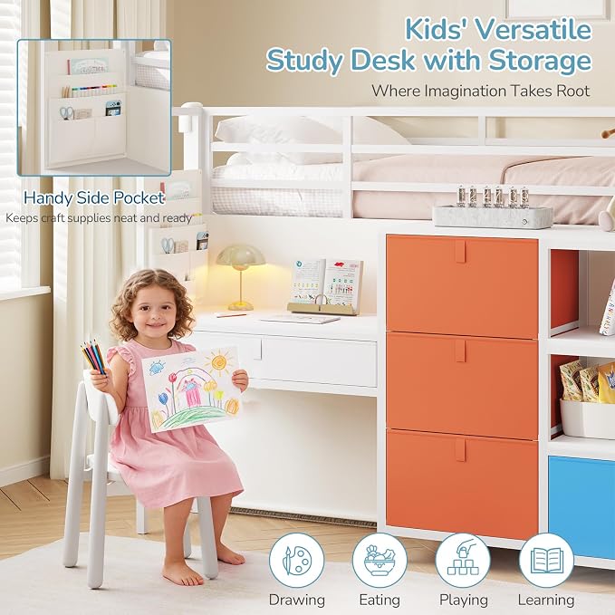 Low Loft Bed Twin Size with Desk, 6 Storage Drawers & Bookshelf, Kids Loft Bed with LED Lights & Under-Bed Play Space, Heavy Duty Metal Frame with 13.8"H Safety Guardrail & Ladder, White & Multicolor