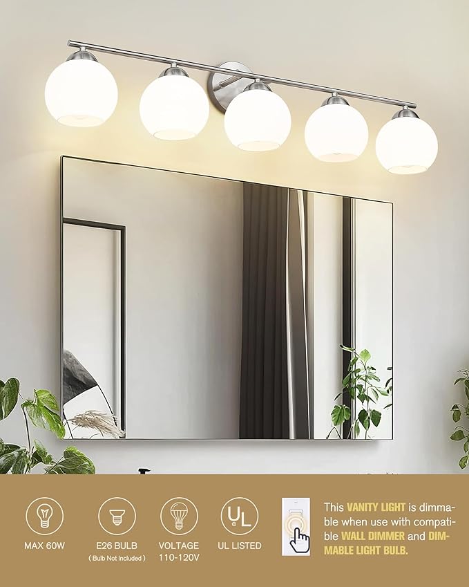 Emak Brushed Nickel Vanity Light, 37 Inch Globe Bathroom Light Fixtures with Milk Glass Shade, Modern 5-Light Vanity Lights for Bathroom, Mirror, VL114-BN-ML-5