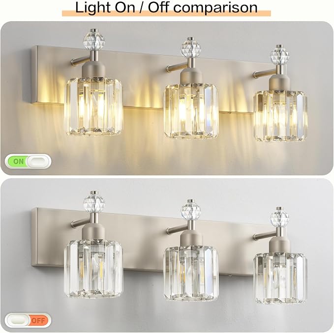 PRESDE 3-Light Crystal Bathroom Vanity Light, Brushed Nickel Bath Lighting Over Mirror, Modern Wall Sconce Fixture