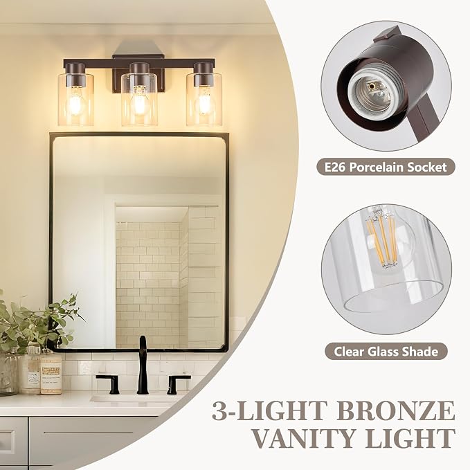 3-Light Bathroom Light Fixtures with Clear Glass, Oil Rubbed Bronze | Vanity Lights, Modern Wall Sconces, Over Mirror for Bathroom, Powder Room, Living Room