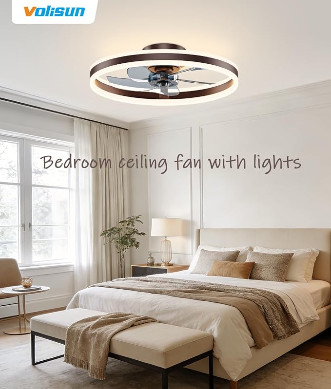 VOLISUN Low Profile Ceiling Fans with Lights and Remote, 20in Flush Mount Ceiling Fans with Light, 3000K-6500K Dimmable Fandelier LED Fan Light, Brown Bladeless Ceiling Fans with Lights for Bedroom