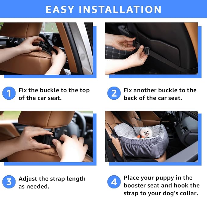 Oiilores Dog Car Seat for Small Dogs, Washable Pet Booster Car Seats with Clip-On Safty Leash, Comfy Deluxe Plush Carseat with Storage Pockets, Puppy Travel Carrier Bed for Dogs Under 25 lbs, Grey