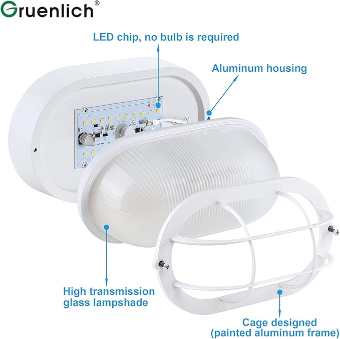 GRUENLICH LED Bulkhead Light Fixture, Aluminum Outdoor Wall Lantern, 8.5" | Oval Exterior Porch Light Wall Sconce for House Walkway Nautical Sauna, Dimmable 6W 600 Lumen, Glass, 5000K, White, 1 Pack