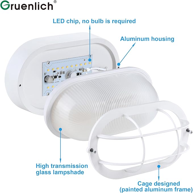 GRUENLICH LED Bulkhead Light Fixture, Aluminum Outdoor Wall Lantern, 8.5" | Oval Exterior Porch Light Wall Sconce for House Walkway Nautical Sauna, Dimmable 6W 600 Lumen, Glass, 5000K, White, 2 Pack