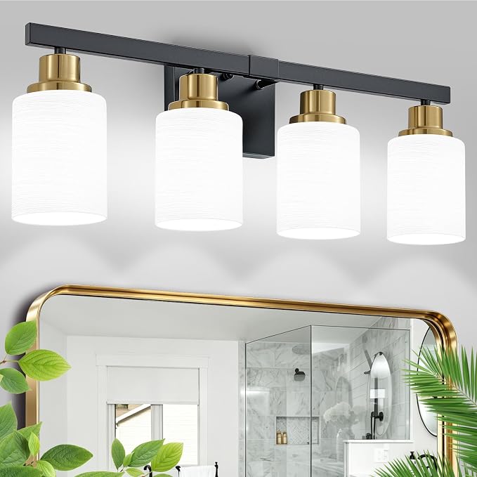 Black and Gold Bathroom Light Fixtures, 4-Light Vanity Lights,24" | Bathroom Vanity Lights with Milky White Glass Shade,Bathroom Lights Over Mirror Wall Lamp Sconces for Mirror Restroom Sink