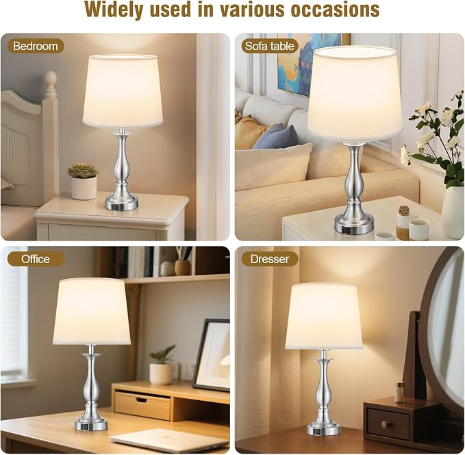 Bedside Table Lamp Touch Control Bedroom Lamps with USB A + C Charging Port 3 Way Dimmable Touch Lamps for Nightstand Living Room Bedroom Dorm Home Office Reading, Set of 2 (White Shade & Nickel Base)