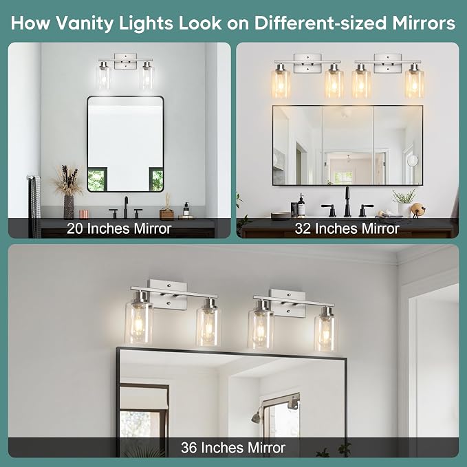 Ascher Bathroom Light Fixtures, 2-Light Vanity Light Over Mirror, Brushed Nickel Wall Sconces with Clear Glass Shades, Wall Lamp for Living Room Bedroom, E26 Base(Bulbs Not Included)