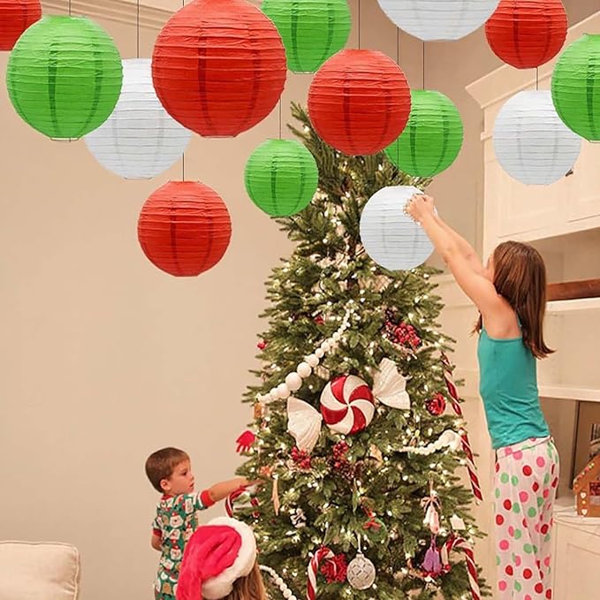 Red White Green Paper Lanterns Christmas Decorations, 12-Pack Hanging Round Paper Lanterns Decorative for Graduation Baby Shower Wedding Monsters Inc Birthday Family Parties ﻿