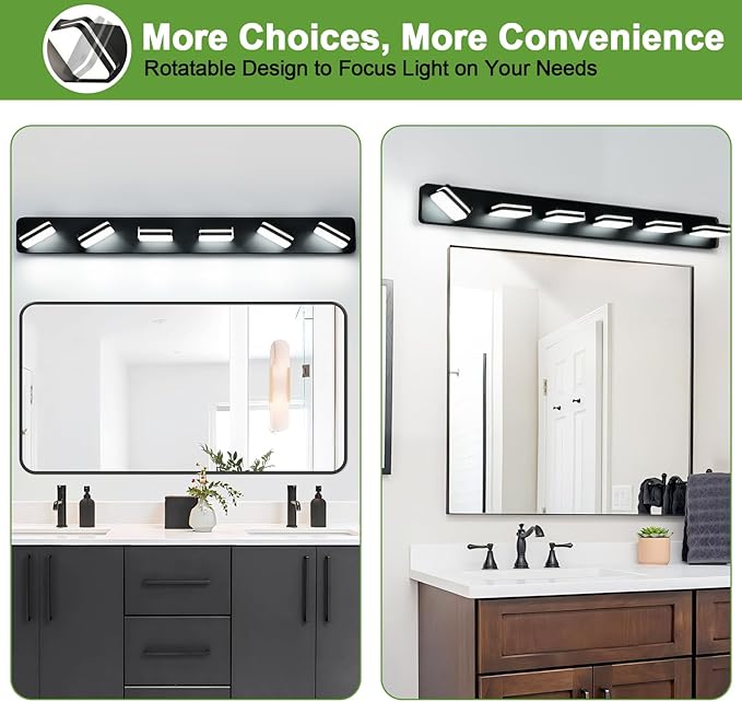 360° Rotate LED Bathroom Vanity Light Fixtures, 2500LM Acrylic Matte Black Vanity Lights for Bathroom, Modern Wall Lighting Fixtures Over Mirror Kitchen Living Room Hallway (Natural White Light 5000K)