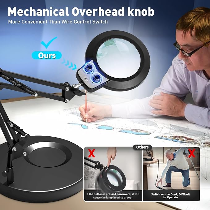 KIRKAS 12X Magnifying Glass with Light and Stand, Overhead Knob 2 in 1 | Lighted Magnifier Lamp for Workbench, Craft, Sewing, Repair, Real Glass Lens Stepless Dimming and Color (9.06IN Base & Clamp)