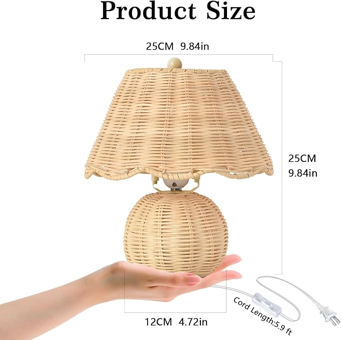Rattan Small Bedside Mini Table Lamp for Bedroom,Boho Bedroom Lamps for Nightstand, Wicker Mini Table Lamps for Small Spaces with Scalloped Shade for Kitchen Counter, Bookshelf, Kids Dorm, Office