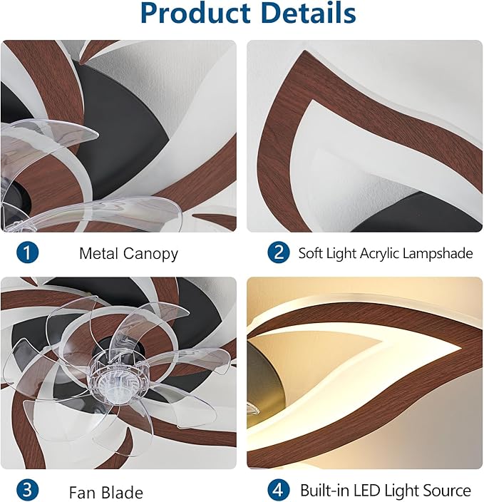 Geometric Ceiling Fan with Lights and Remote Control, 3 Light Colors, 6 Speeds, Low Profile Flush Mount for Kitchen, Bedroom, Living Room