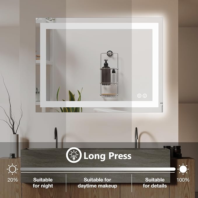 DUMOS 24.1"x32.1" LED Bathroom Mirror, Bathroom Vanity Mirror | Smart Anti-Fog, Front Light and Backlit, 3 Color Temperatures, Dimmable, Memory Function