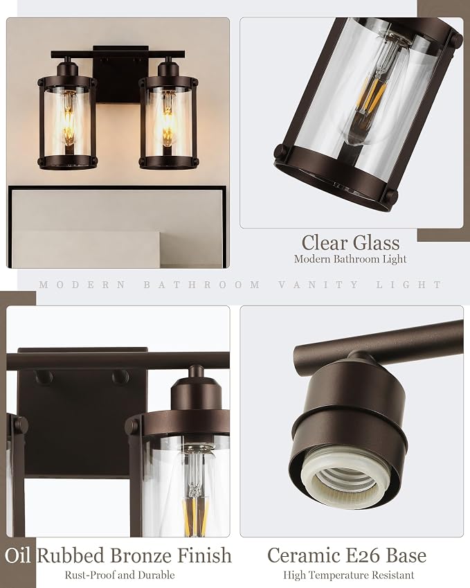 2-Light Oil Rubbed Bronze Bathroom Light Fixtures, 13.8 Inch Modern Bathroom Vanity Lighting Fixtures Over Mirror with Clear Glass and Metal Cage Wall Sconce Lights for Bath, OS-3014ORB-2W
