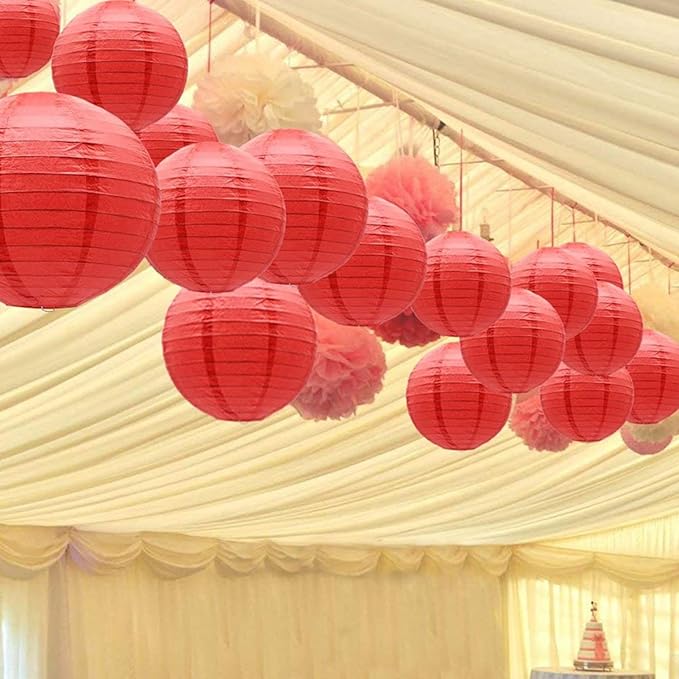 12 Pcs Red Paper Lanterns with 12 Pcs White LED Lights, 6" 8" 10" 12" Round Hanging Ball Lantern for Christmas Valentine's Day 4th of July Party