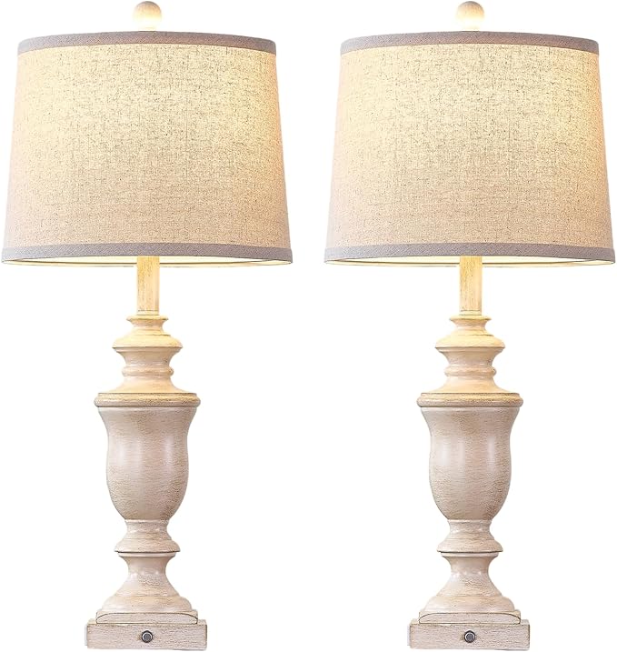 SAIWEYA 27.5" Set of 2 Farmhouse Table Lamps for Bedroom, 3 Way Dimmable Bedside Lamp with 2 USB +AC Outlet Nightstand Lamps for Living Room Resin Rustic Touch Lamps