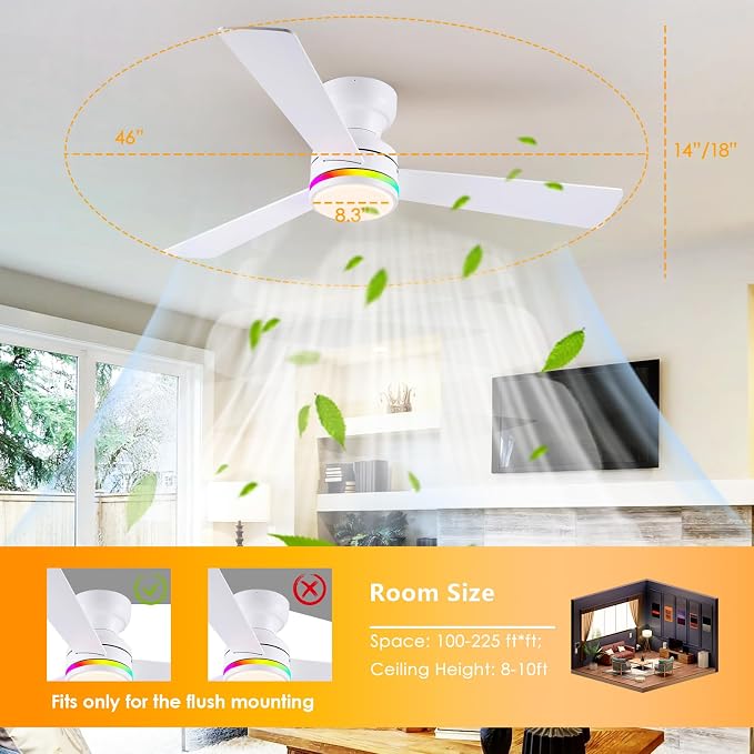 46" 3-Blade White Low Profile RGB Ceiling Fan with Light and Remote/APP | 11 RGB Modes,Reversible 6 Wind Speeds,Dimmable 3 CCT LED, 25W Quiet DC Motor,Timer,3 Double-Sided Blades,for Bedroom Party