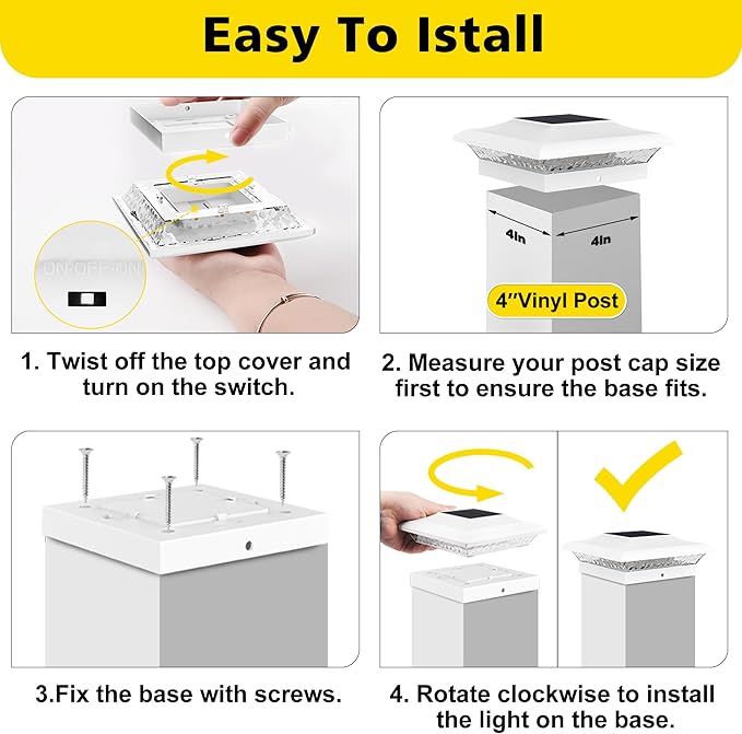 T-SUN 4x4 Solar Post Cap Lights Outdoor 12 Pack, Warm White LED Fence Post Solar Lights Fit for 4x4 Vinyl Posts, Waterproof Deck Light Solar Powered for Garden Patio Gate Porch