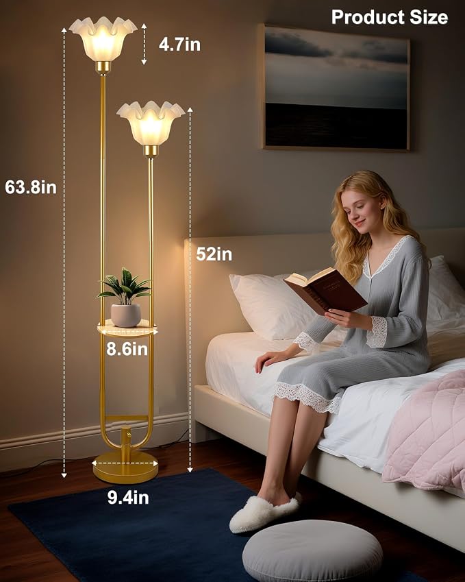 Lightdot Dimmable Flower Floor Lamp with Table for Living Room, Modern Mid Century Gold Metal Tall Standing Lamp with 5Lbs Heavy Base for Bedroom/Sofa Beside/Corner Decor (Bulb Included)