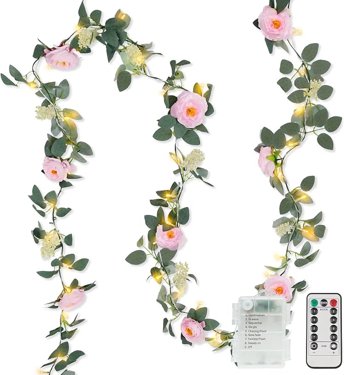 60LED Garland with Pink Camellia Lights Battery Operated Clear Wire | Vines String Lights with Remote,Artificial Fake Flowers leaf Lights for Wedding,Bedroom,Centerpieces Decor(Warm White)