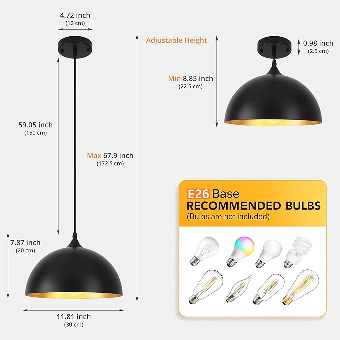 3 Pack Black Pendant Lights for Kitchen Island 11.8" Modern Pendant Lighting Fixtures Farmhouse Vintage Hanging Ceiling Light Fixture for Dining Room Foyer Hallway Bar Cafe Kitchen Sink Matte Dome