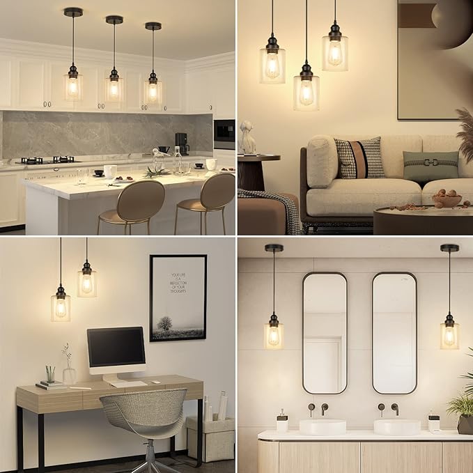 Licperron 3 Pack Hanging Pendant Lighting Fixtures, Adjustable Black Hanging Ceiling Lamp with Clear Glass Shade, Modern Pendant Light for Kitchen Island, Dining Room, Bedroom, Hallway