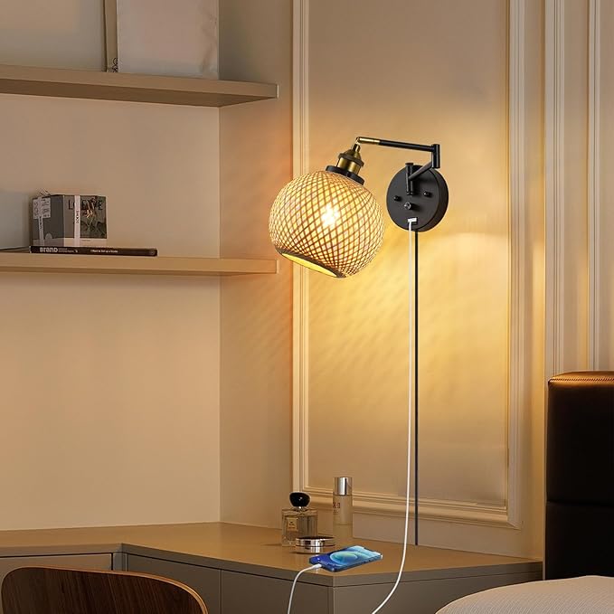 Rattan Plug in Wall Sconce Hand-Woven Rattan Swing Arm Wall Lamp with USB Port and Dimmer Switch Black Vintage Wall Light Fixtures Suitable for Bedroom Living Room.