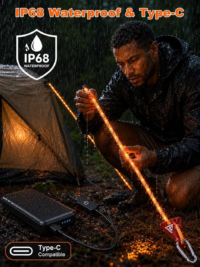 Camping Rope with Light 12FT 660LB LED Illuminated Nylon | Tent Rope for Hammock Clothesline Dog Leash SOS Emergency Type-C Touch Switch IP68 Waterproof Orange