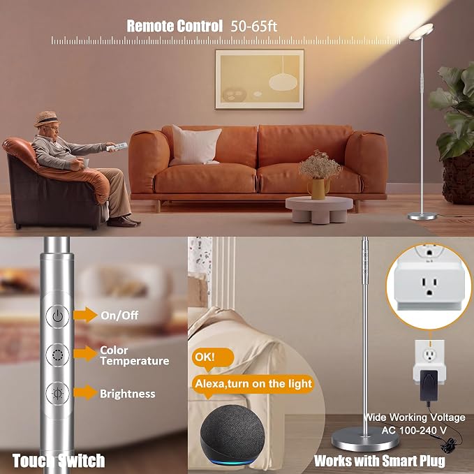Floor Lamp, Upgraded 40W 4000LM Super Bright Torchiere LED Floor Lamps for Living Room, Stepless Dimmable Color Temperature 2700K-6500K with Remote & Touch Control, Standing Light (Brushed Nickel)
