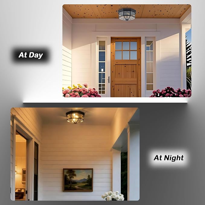11 Inch Copper Motion Sensor Outdoor Ceiling Light for Porch | 2-Light Design, E12 Base, Dusk to Dawn, Vintage Industrial Style, Clear Tempered Glass, Octagonal Shape