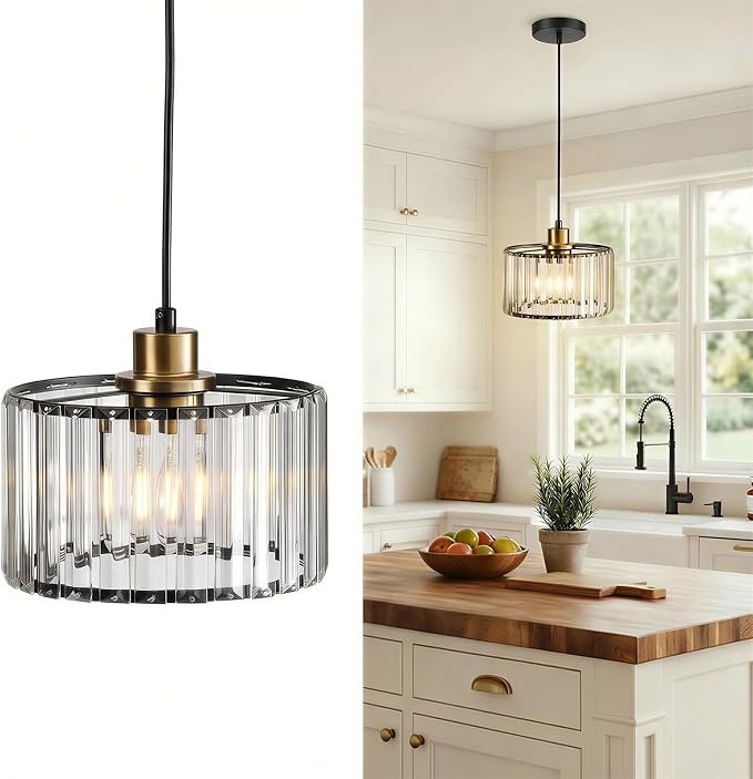 TALOYA Pendant Lights Kitchen Island Black and Gold, Crystal Pendant Light Modern for Dining Room, Height Adjustable Chandelier Hanging Island Light Fixtures for Kitchen Hallway(Bulb Not Included)