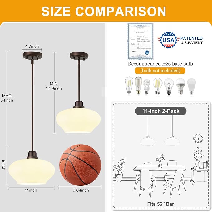 Modern Pendant Lights Kitchen Island, Oil Rubbed Bronze Pendant Light Fixtures with 11" Milk Glass Shade, Industrial Hanging Pendant Lights Fixture for Kitchen Island Dining Room Bedroom Hallway Foyer