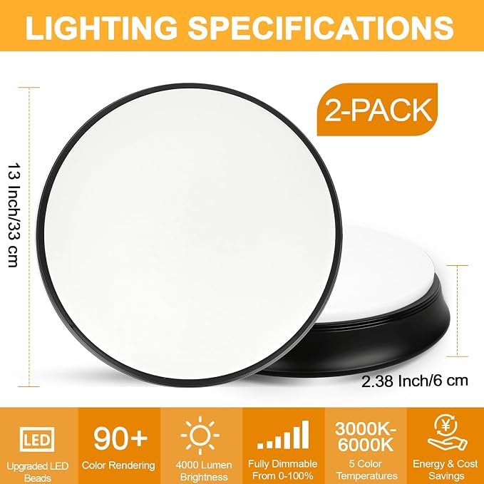36W Black Flush Mount LED Ceiling Lights, 13in 4000lm Super Bright Dimmable LED Ceiling Light Fixtures, 2700K/3000K/4000K/5000K/6500K Adjust, Modern Ceiling Lamp for Bathroom Hallway, 2-Pack