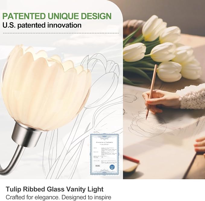 Bathroom Light Fixtures, 3-Light Brushed Nickel Bathroom Vanity Light Over Mirror with White Tulip Glass Shades, Vanity Light Fixture for Bedroom, Living Room & Hallway (Bulbs Not Included)