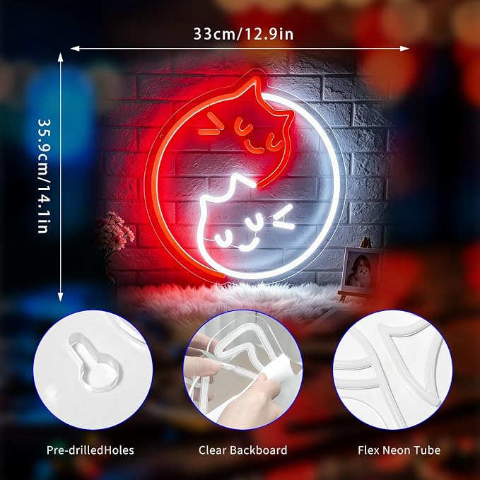 Neon Sign, Cat Neon Signs for Wall Decor LED Signs Neon Light | Yin Yang Cat Neon Sign for Bedroom, Kids Room, Gaming Room, Living Room, Party, Bar, Home Decor, Boys Gift, USB Powered