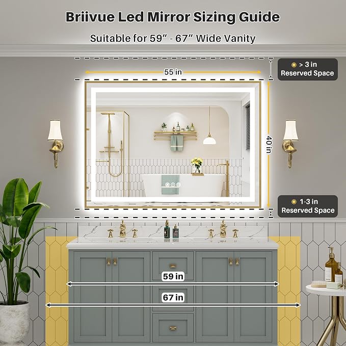55x40 Inch LED Bathroom Mirror with Gold Frame, Backlit & Front Lit | Anti-fog, 3 Color Dimmable, Memory Function, HD Reflection Tempered Glass, ETL Listed, IP54 Waterproof