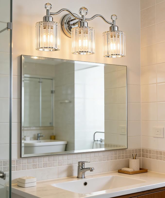 Bathroom Light Fixtures, 3-Light Vanity Light Over Mirror, Polished Chrome Wall Sconces with Clear Crystal Shades, Wall Lamp for Living Room Bedroom, E26 Base(Bulbs Not Included)