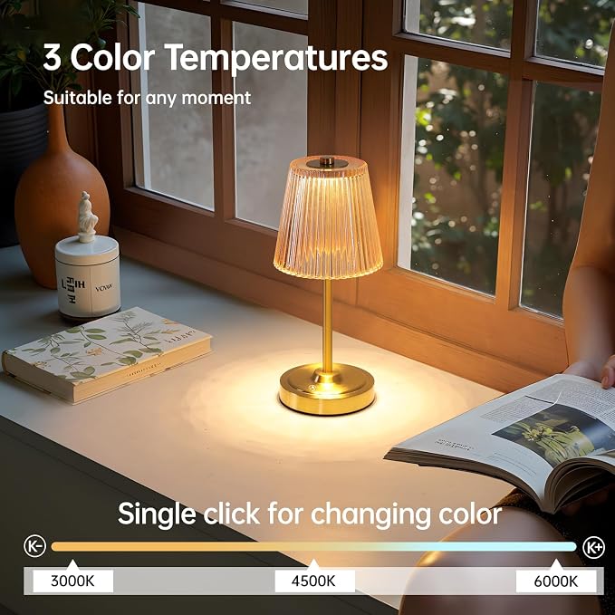 Shenmoyl Cordless Touch Table Lamp with 5200mAh Battery - 3 Adjustable Color Temperatures & Dimmable, Rechargeable Desk Lamp for Bedroom, Living Room, Office, Entryway, Bookshelves (Amber Stripe)