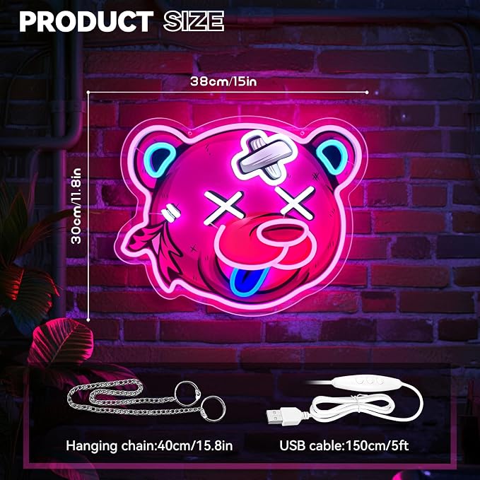 Pink Bear Neon Sign, Bear Head Neon Signs for Wall Decor, Dimmable Acrylic Neon Lights for Girls Room Bedroom Game Room Club Bar Party Decorations, Perfect Gifts