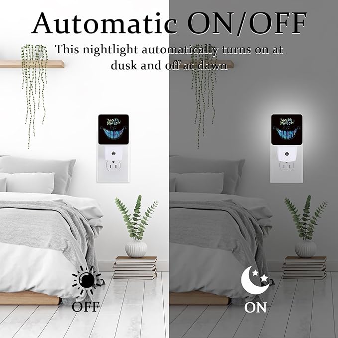 Halloween Alice Smile Night Light, Plug-into Wall We are Mad Here Nightlight Lamp with Dusk to Dawn Sensor, Led Lamp 0.5W Energy Efficient for Boys Girls Adults Home Decor