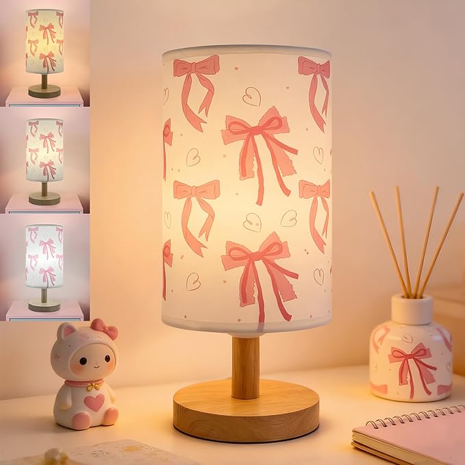 Pink Bow Table Lamp 3 Colors Mode Desk Lamp for Kids Bedroom Bedsdie Lamp | Girls Room Decorative Lights with Cartoon Lampshade,Nightstand Night Light for Girls & Boys Birthday Gift for Home Decoration