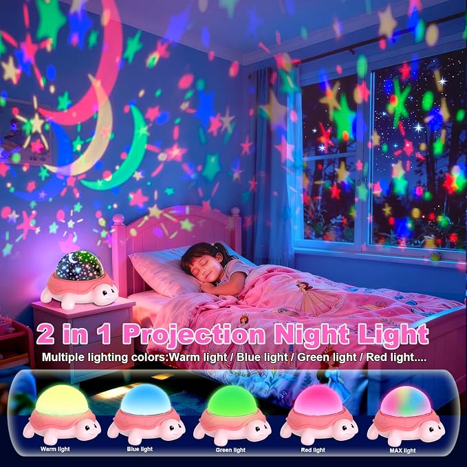 Pink Lucky Turtles Kids Night Light,3-8 Year Old Boys Toy Star Sky Projector Lamp 360° Rotation,4 LED Light Beads,16 Light Colors Adjustable,USB Cable Powered,Ceiling Ambiance Light for Kids Bedroom